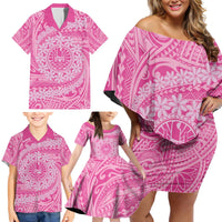 Tahitian Tiare Flower Family Matching Off Shoulder Short Dress and Hawaiian Shirt Pink Polynesian Pattern LT9 - Polynesian Pride