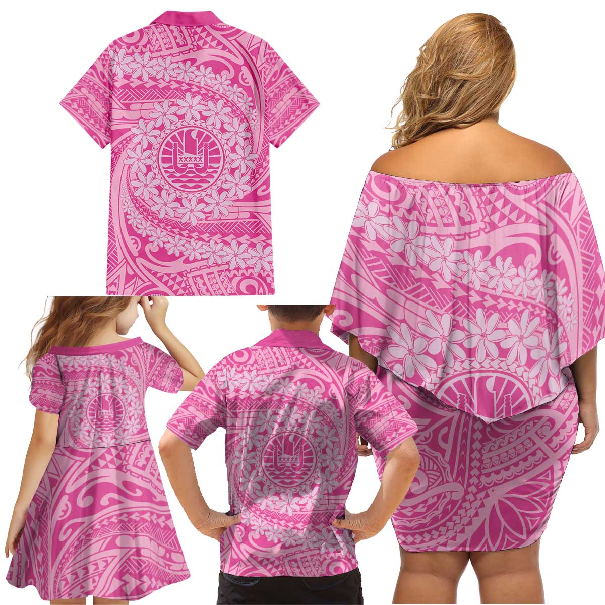 Tahitian Tiare Flower Family Matching Off Shoulder Short Dress and Hawaiian Shirt Pink Polynesian Pattern LT9 - Polynesian Pride