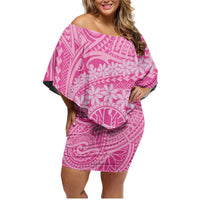 Tahitian Tiare Flower Family Matching Off Shoulder Short Dress and Hawaiian Shirt Pink Polynesian Pattern LT9 Mom's Dress Pink - Polynesian Pride