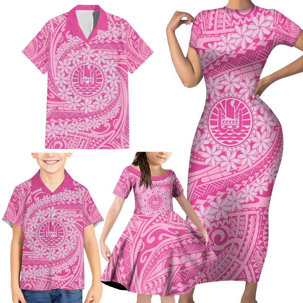 Tahitian Tiare Flower Family Matching Short Sleeve Bodycon Dress and Hawaiian Shirt Pink Polynesian Pattern LT9 - Polynesian Pride