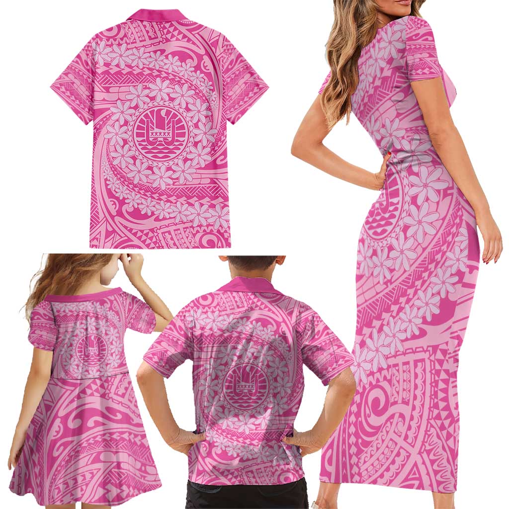 Tahitian Tiare Flower Family Matching Short Sleeve Bodycon Dress and Hawaiian Shirt Pink Polynesian Pattern LT9 - Polynesian Pride