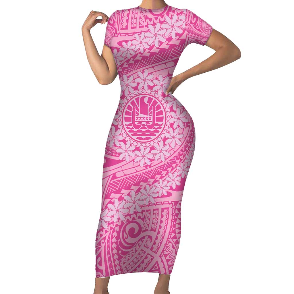 Tahitian Tiare Flower Family Matching Short Sleeve Bodycon Dress and Hawaiian Shirt Pink Polynesian Pattern LT9 Mom's Dress Pink - Polynesian Pride