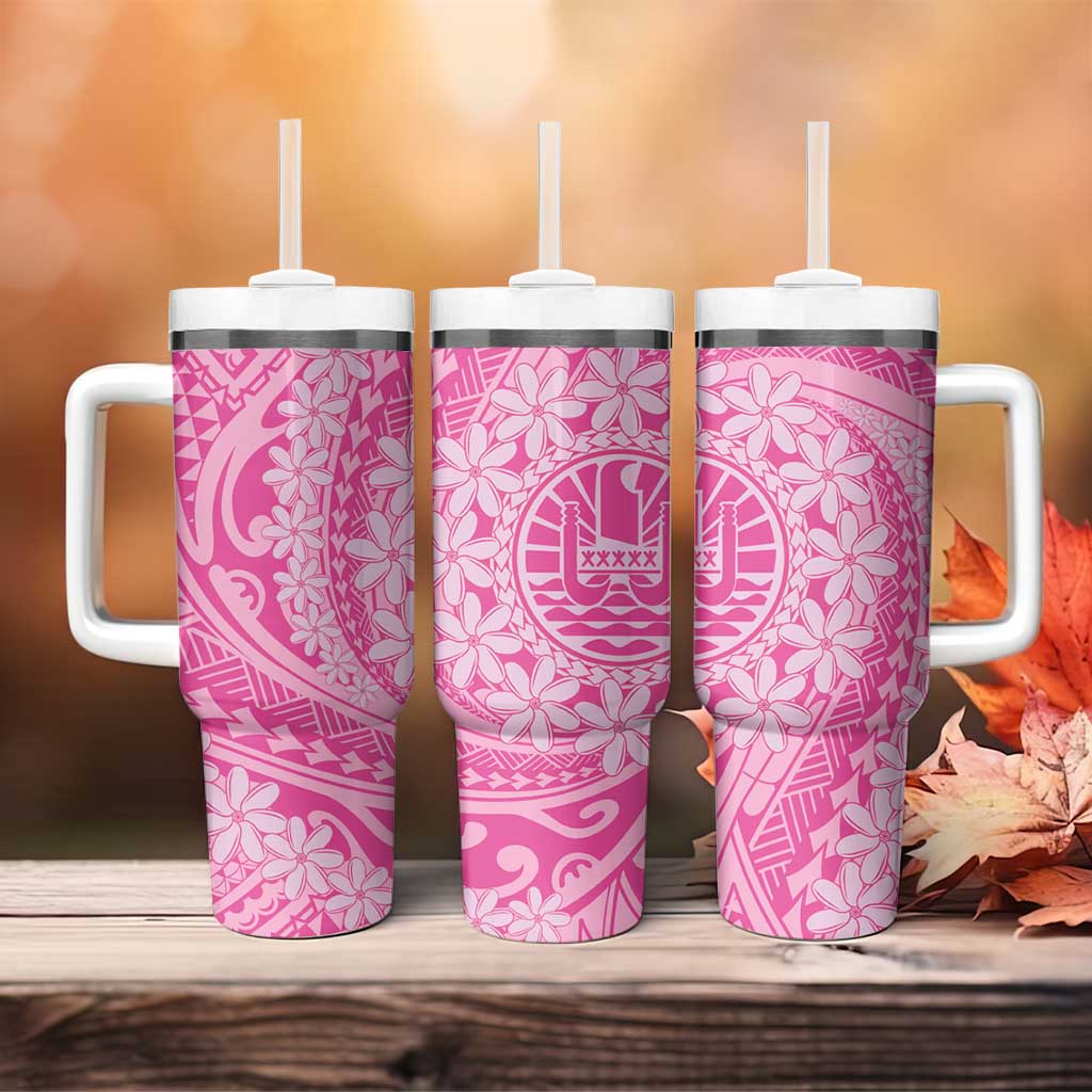 Tahitian Tiare Flower Tumbler With Handle Pink Polynesian Pattern