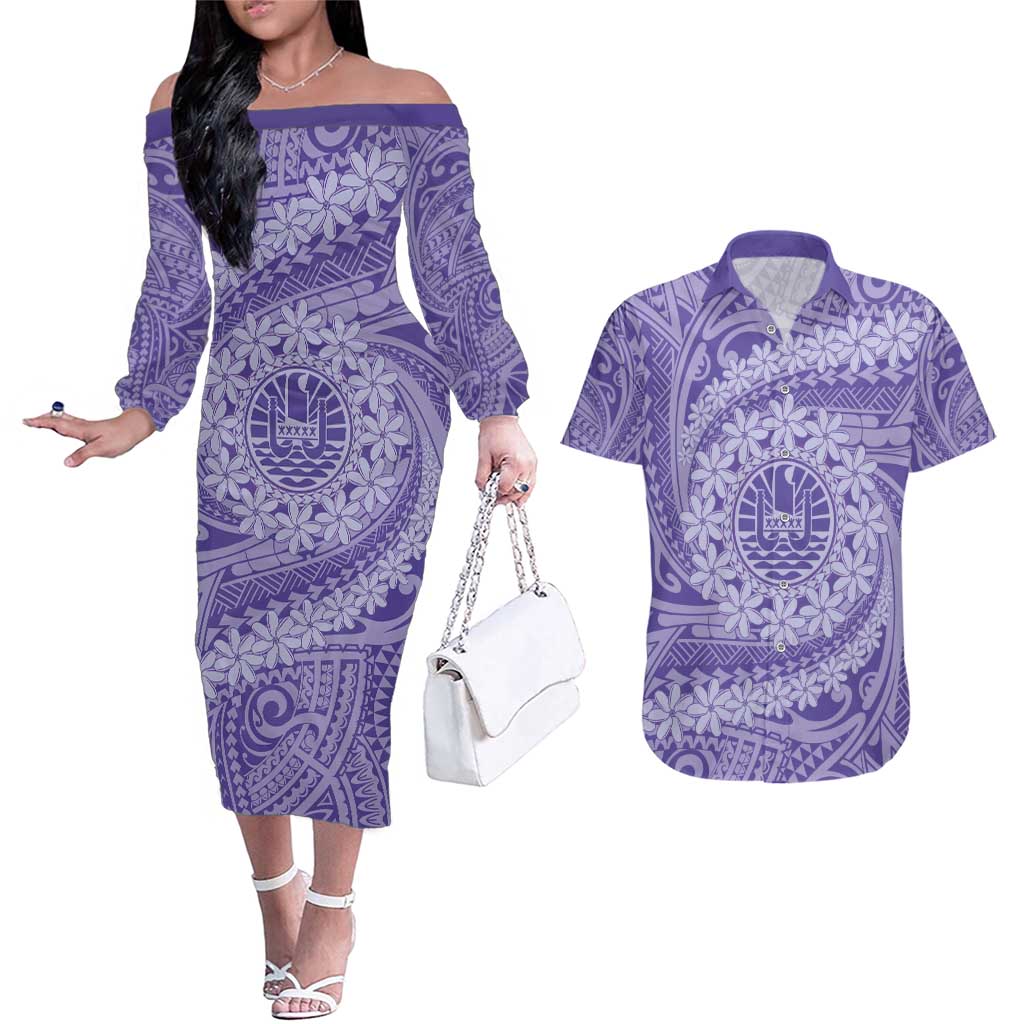 Tahitian Tiare Flower Couples Matching Off The Shoulder Long Sleeve Dress and Hawaiian Shirt Violet Polynesian Pattern LT9 Violet - Polynesian Pride