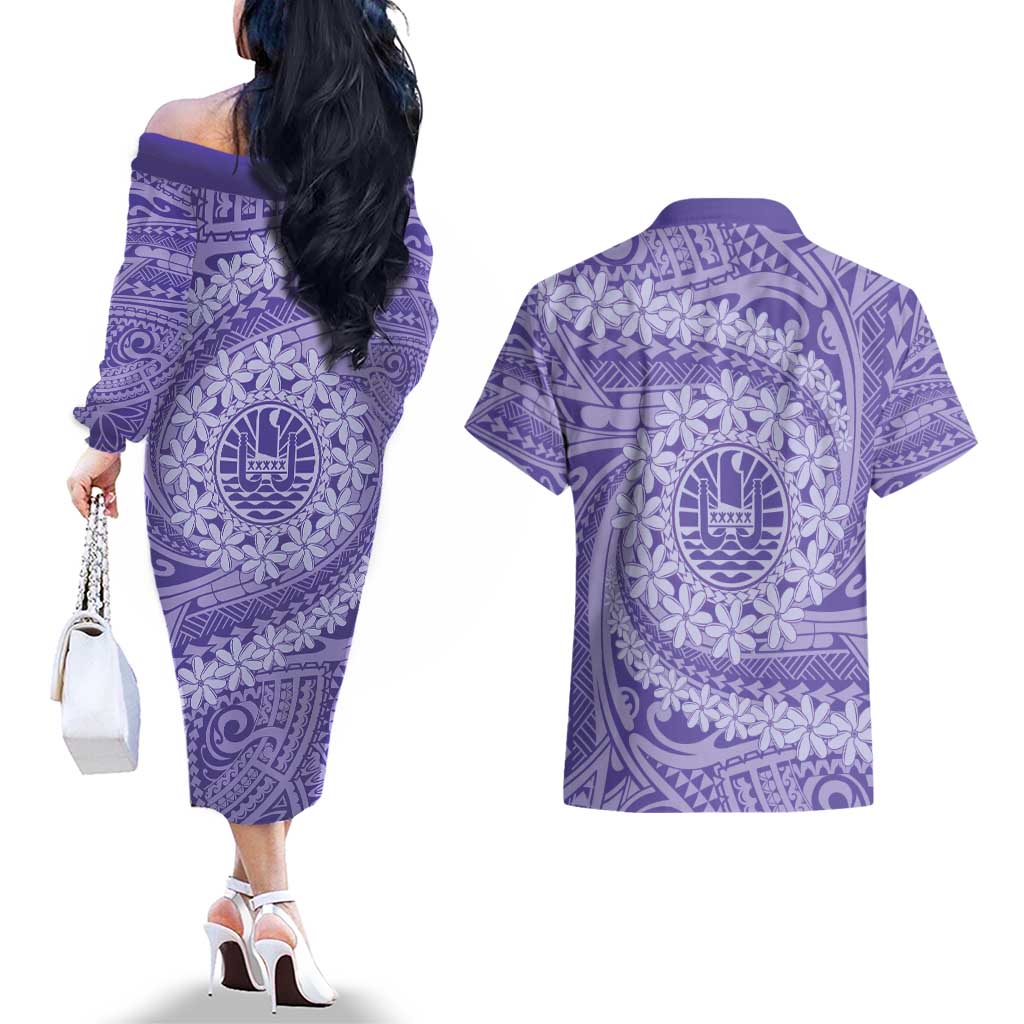 Tahitian Tiare Flower Couples Matching Off The Shoulder Long Sleeve Dress and Hawaiian Shirt Violet Polynesian Pattern LT9 - Polynesian Pride