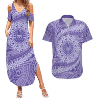 Tahitian Tiare Flower Couples Matching Summer Maxi Dress and Hawaiian Shirt Violet Polynesian Pattern LT9 Violet - Polynesian Pride