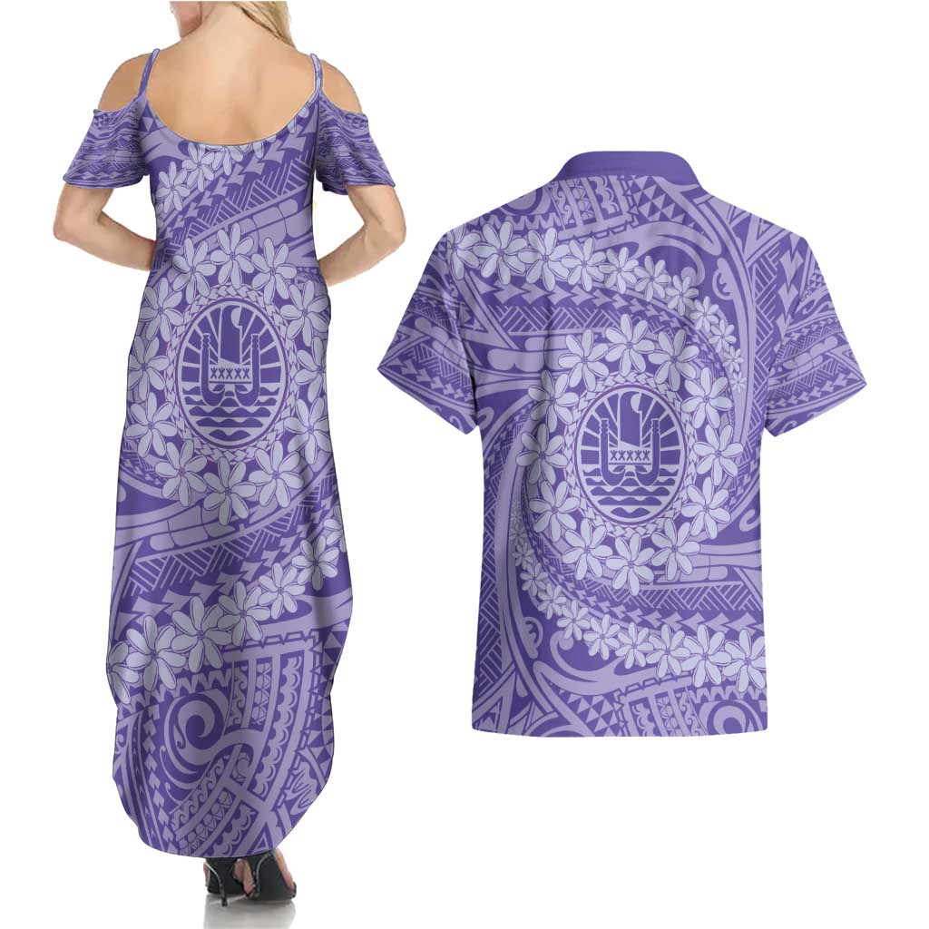 Tahitian Tiare Flower Couples Matching Summer Maxi Dress and Hawaiian Shirt Violet Polynesian Pattern LT9 - Polynesian Pride