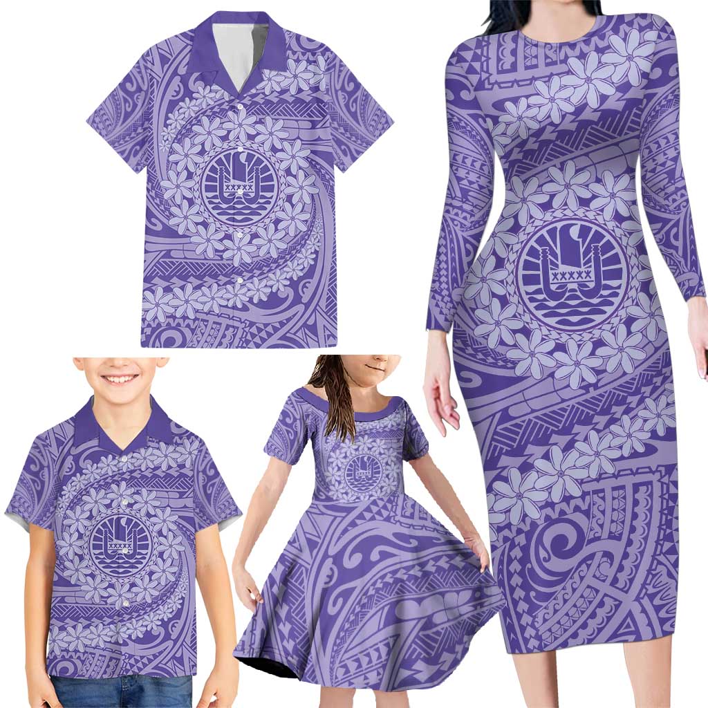 Tahitian Tiare Flower Family Matching Long Sleeve Bodycon Dress and Hawaiian Shirt Violet Polynesian Pattern LT9 - Polynesian Pride