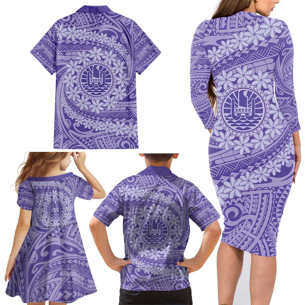 Tahitian Tiare Flower Family Matching Long Sleeve Bodycon Dress and Hawaiian Shirt Violet Polynesian Pattern LT9 - Polynesian Pride