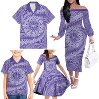 Tahitian Tiare Flower Family Matching Off The Shoulder Long Sleeve Dress and Hawaiian Shirt Violet Polynesian Pattern LT9 - Polynesian Pride