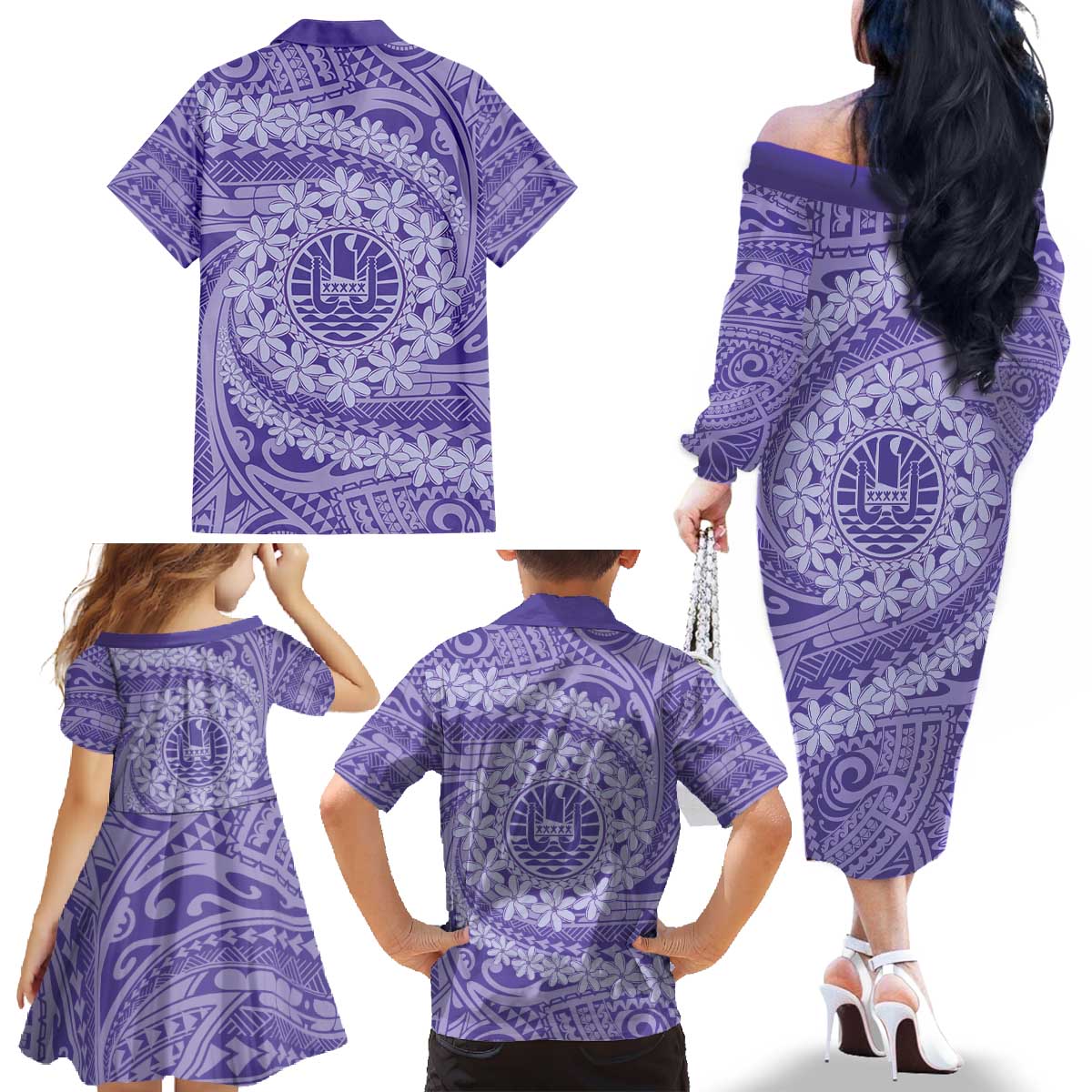 Tahitian Tiare Flower Family Matching Off The Shoulder Long Sleeve Dress and Hawaiian Shirt Violet Polynesian Pattern LT9 - Polynesian Pride
