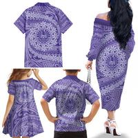 Tahitian Tiare Flower Family Matching Off The Shoulder Long Sleeve Dress and Hawaiian Shirt Violet Polynesian Pattern LT9 - Polynesian Pride
