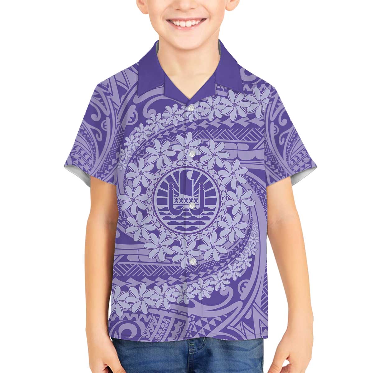 Tahitian Tiare Flower Family Matching Off The Shoulder Long Sleeve Dress and Hawaiian Shirt Violet Polynesian Pattern LT9 Son's Shirt Violet - Polynesian Pride