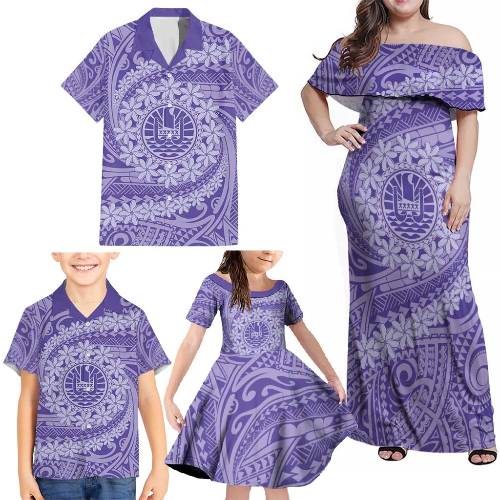 Tahitian Tiare Flower Family Matching Off Shoulder Maxi Dress and Hawaiian Shirt Violet Polynesian Pattern LT9 - Polynesian Pride