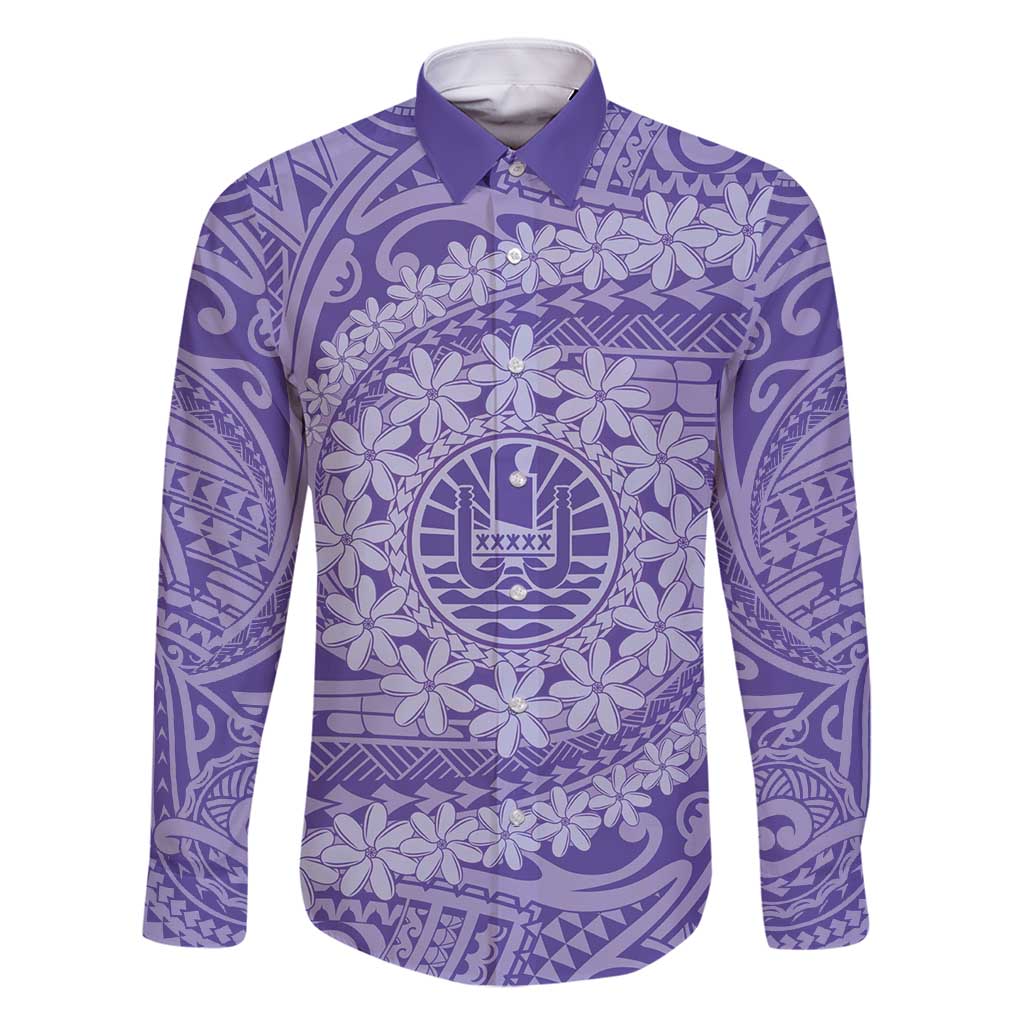 Tahitian Tiare Flower Family Matching Off Shoulder Maxi Dress and Hawaiian Shirt Violet Polynesian Pattern LT9 Dad's Shirt - Long Sleeve Violet - Polynesian Pride