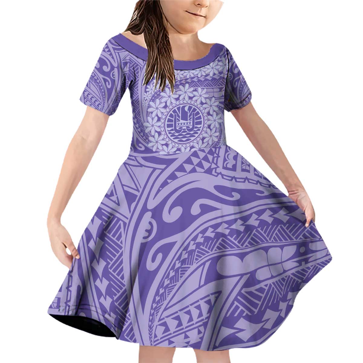 Tahitian Tiare Flower Family Matching Off Shoulder Short Dress and Hawaiian Shirt Violet Polynesian Pattern LT9 Daughter's Dress Violet - Polynesian Pride