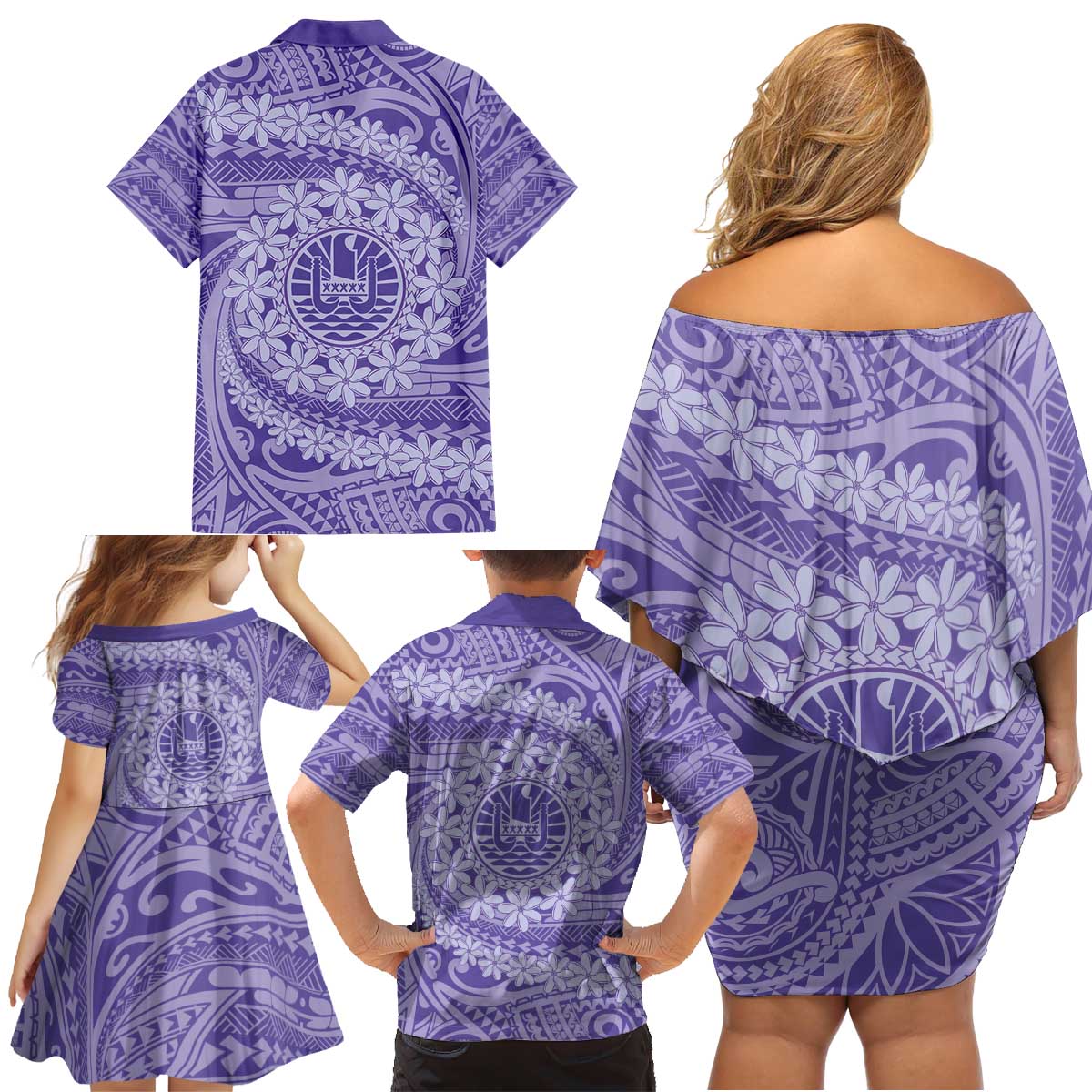 Tahitian Tiare Flower Family Matching Off Shoulder Short Dress and Hawaiian Shirt Violet Polynesian Pattern LT9 - Polynesian Pride