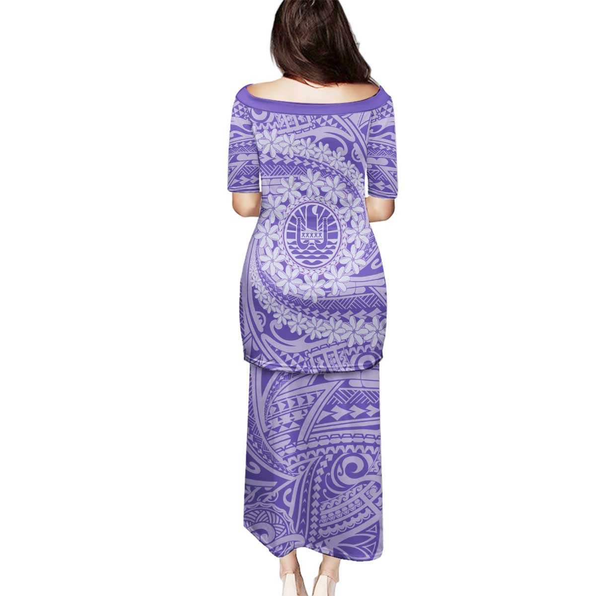 Tahitian Tiare Flower Family Matching Puletasi and Hawaiian Shirt Violet Polynesian Pattern