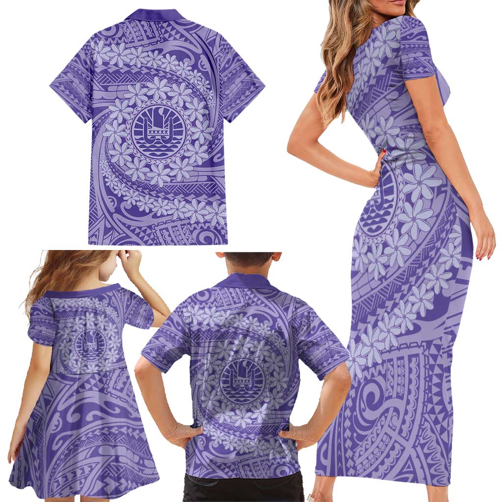 Tahitian Tiare Flower Family Matching Short Sleeve Bodycon Dress and Hawaiian Shirt Violet Polynesian Pattern LT9 - Polynesian Pride