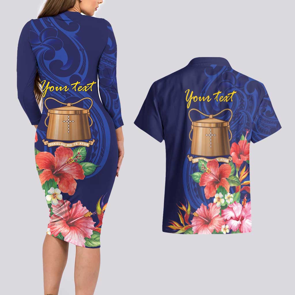 Personalised Tokelau Tropical Hibiscus Couples Matching Long Sleeve Bodycon Dress and Hawaiian Shirt With Polynesian Plumeria Tattoo LT9 - Polynesian Pride