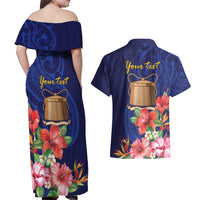 Personalised Tokelau Tropical Hibiscus Couples Matching Off Shoulder Maxi Dress and Hawaiian Shirt With Polynesian Plumeria Tattoo LT9 - Polynesian Pride