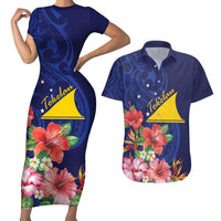 Personalised Tokelau Tropical Hibiscus Couples Matching Short Sleeve Bodycon Dress and Hawaiian Shirt With Polynesian Plumeria Tattoo LT9 Blue - Polynesian Pride