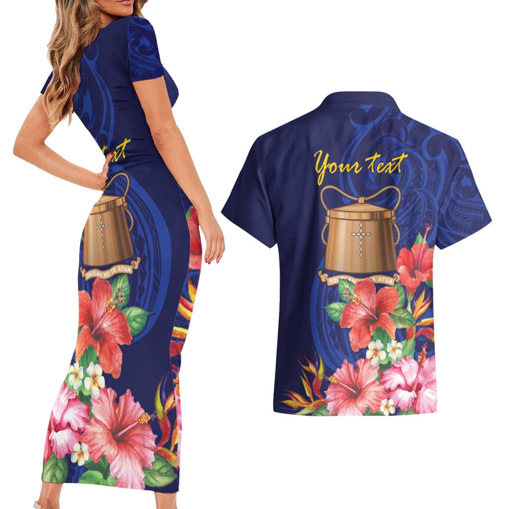 Personalised Tokelau Tropical Hibiscus Couples Matching Short Sleeve Bodycon Dress and Hawaiian Shirt With Polynesian Plumeria Tattoo LT9 - Polynesian Pride