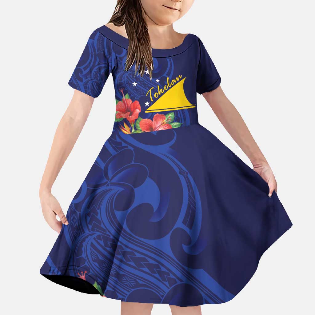 Personalised Tokelau Tropical Hibiscus Family Matching Mermaid Dress and Hawaiian Shirt With Polynesian Plumeria Tattoo LT9 Daughter's Dress Blue - Polynesian Pride