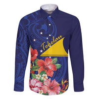 Personalised Tokelau Tropical Hibiscus Family Matching Mermaid Dress and Hawaiian Shirt With Polynesian Plumeria Tattoo LT9 Dad's Shirt - Long Sleeve Blue - Polynesian Pride