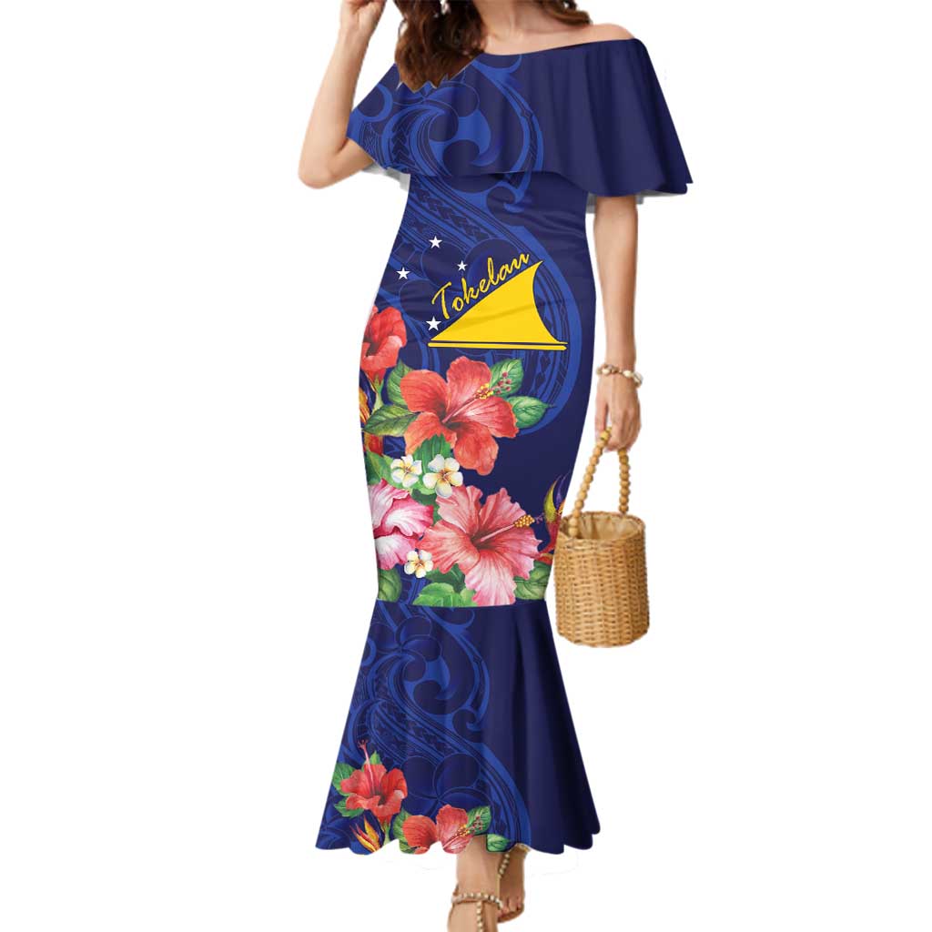 Personalised Tokelau Tropical Hibiscus Family Matching Mermaid Dress and Hawaiian Shirt With Polynesian Plumeria Tattoo LT9 Mom's Dress Blue - Polynesian Pride