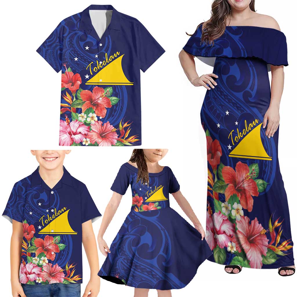 Personalised Tokelau Tropical Hibiscus Family Matching Off Shoulder Maxi Dress and Hawaiian Shirt With Polynesian Plumeria Tattoo LT9 - Polynesian Pride