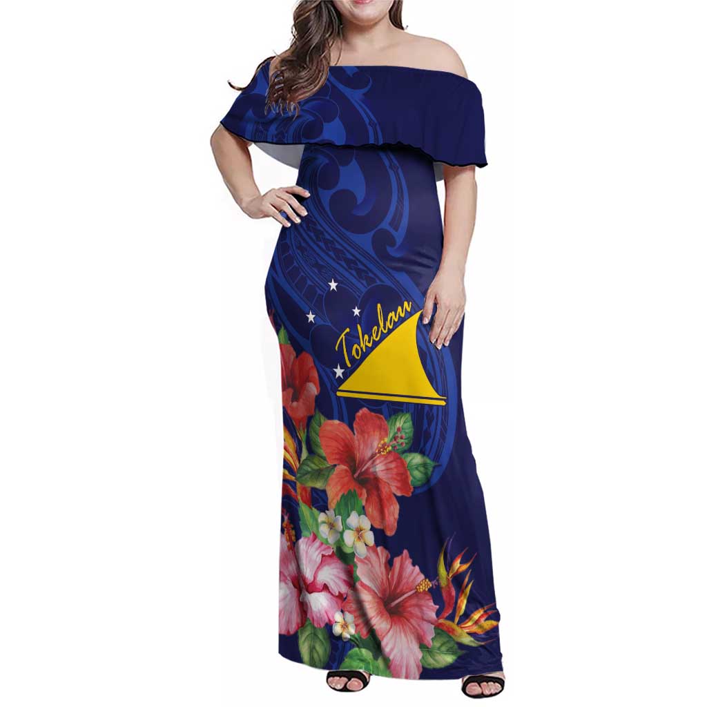 Personalised Tokelau Tropical Hibiscus Family Matching Off Shoulder Maxi Dress and Hawaiian Shirt With Polynesian Plumeria Tattoo LT9 Mom's Dress Blue - Polynesian Pride