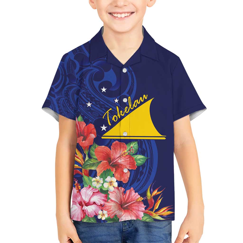 Personalised Tokelau Tropical Hibiscus Family Matching Off Shoulder Maxi Dress and Hawaiian Shirt With Polynesian Plumeria Tattoo LT9 Son's Shirt Blue - Polynesian Pride