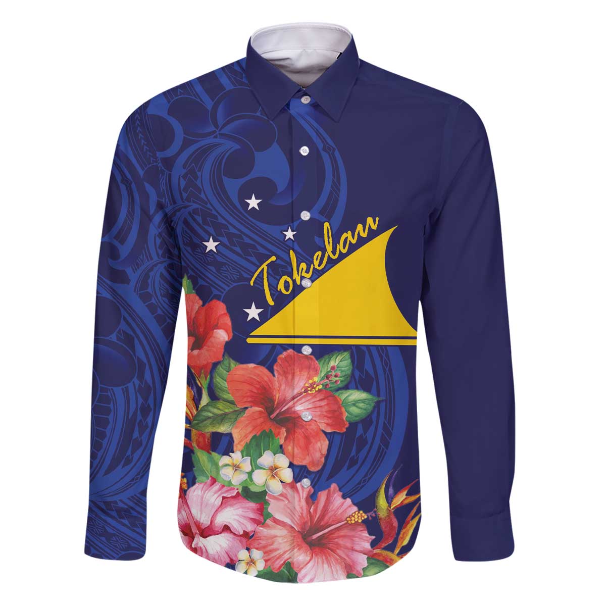 Personalised Tokelau Tropical Hibiscus Family Matching Puletasi and Hawaiian Shirt With Polynesian Plumeria Tattoo LT9 Dad's Shirt - Long Sleeve Blue - Polynesian Pride