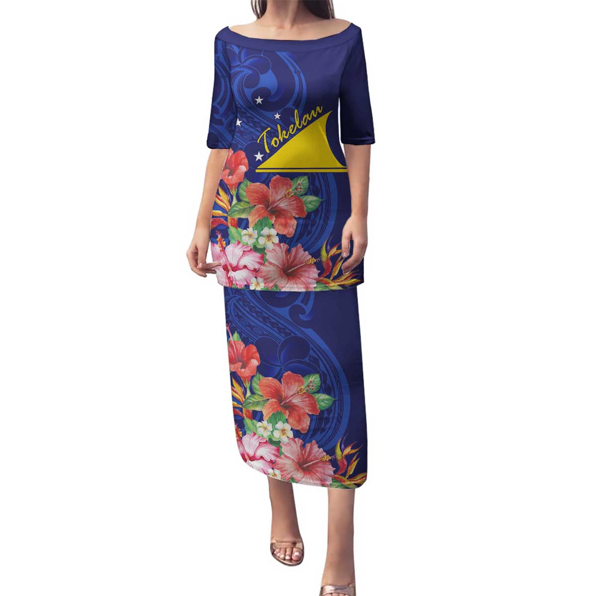 Personalised Tokelau Tropical Hibiscus Family Matching Puletasi and Hawaiian Shirt With Polynesian Plumeria Tattoo LT9 Mom's Dress Blue - Polynesian Pride