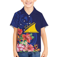 Personalised Tokelau Tropical Hibiscus Family Matching Puletasi and Hawaiian Shirt With Polynesian Plumeria Tattoo LT9 Son's Shirt Blue - Polynesian Pride