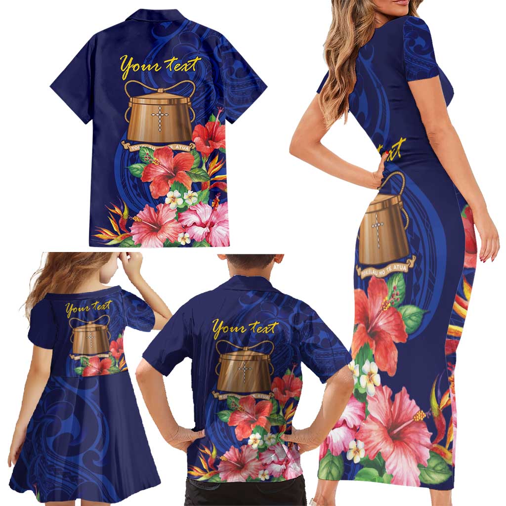 Personalised Tokelau Tropical Hibiscus Family Matching Short Sleeve Bodycon Dress and Hawaiian Shirt With Polynesian Plumeria Tattoo