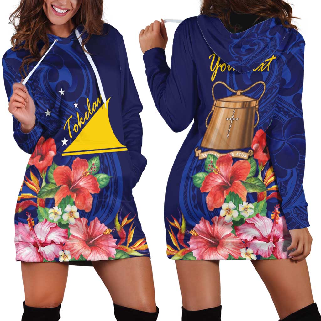 Personalised Tokelau Tropical Hibiscus Hoodie Dress With Polynesian Plumeria Tattoo LT9 - Polynesian Pride