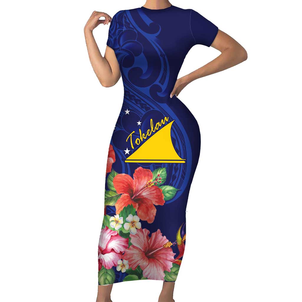 Personalised Tokelau Tropical Hibiscus Short Sleeve Bodycon Dress With Polynesian Plumeria Tattoo LT9 Long Dress Blue - Polynesian Pride