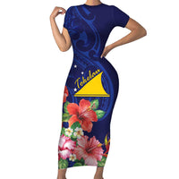 Personalised Tokelau Tropical Hibiscus Short Sleeve Bodycon Dress With Polynesian Plumeria Tattoo LT9 Long Dress Blue - Polynesian Pride
