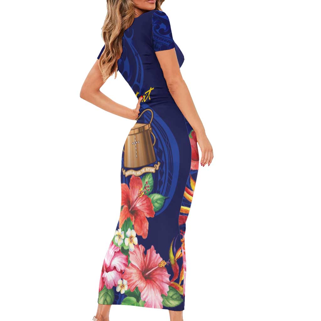 Personalised Tokelau Tropical Hibiscus Short Sleeve Bodycon Dress With Polynesian Plumeria Tattoo LT9 - Polynesian Pride