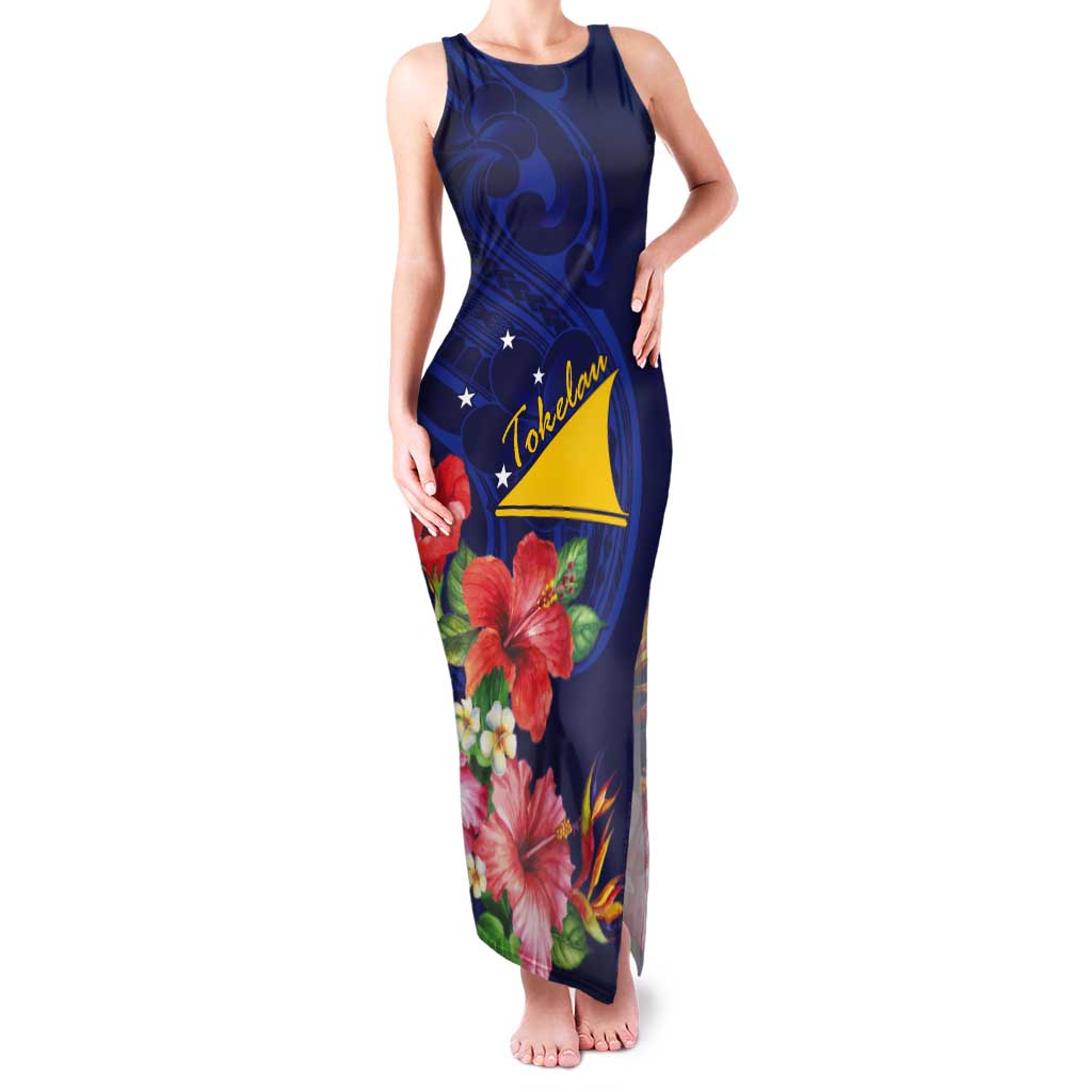 Personalised Tokelau Tropical Hibiscus Tank Maxi Dress With Polynesian Plumeria Tattoo LT9 Women Blue - Polynesian Pride