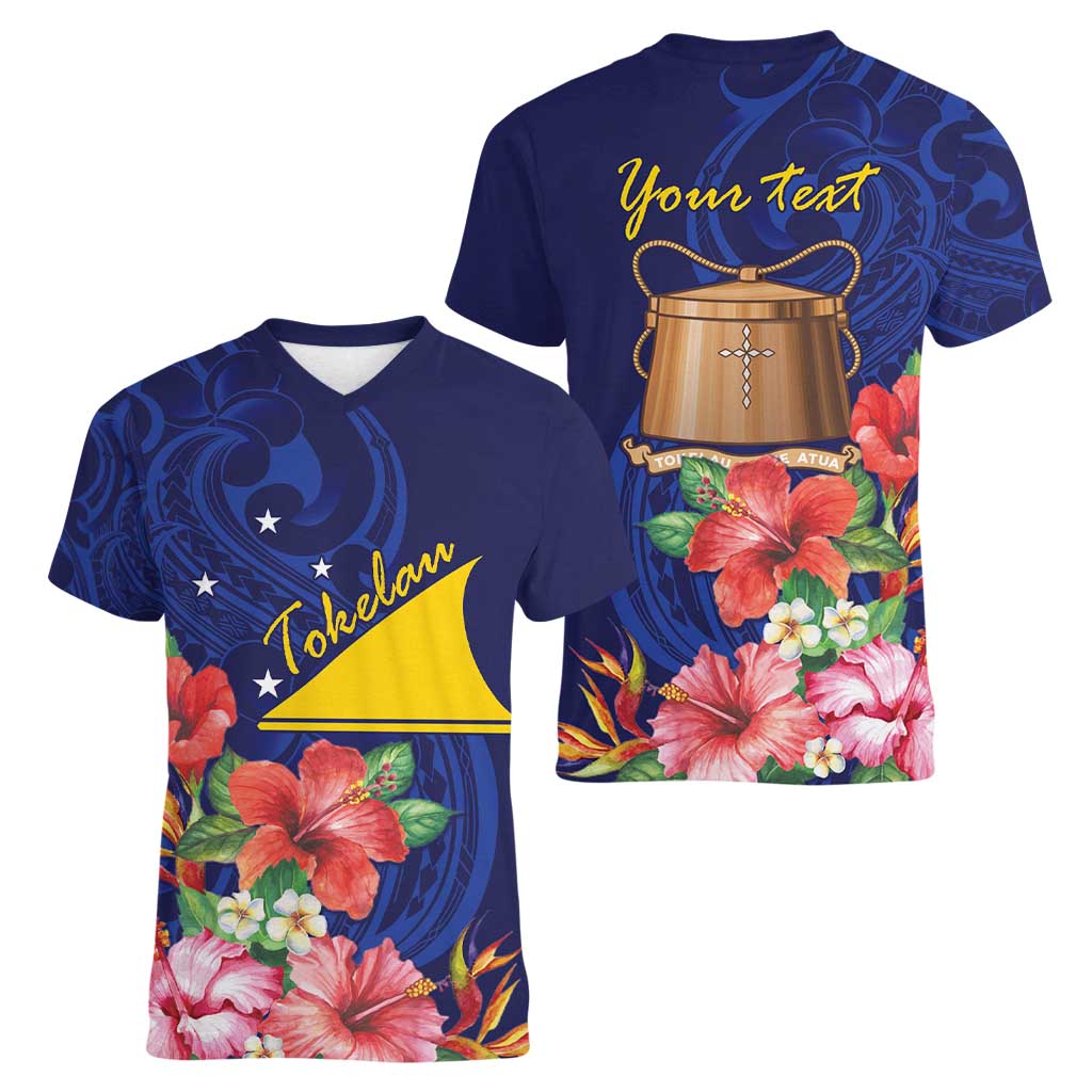 Personalised Tokelau Tropical Hibiscus Women V-Neck T-Shirt With Polynesian Plumeria Tattoo LT9 - Polynesian Pride