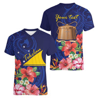 Personalised Tokelau Tropical Hibiscus Women V-Neck T-Shirt With Polynesian Plumeria Tattoo LT9 - Polynesian Pride