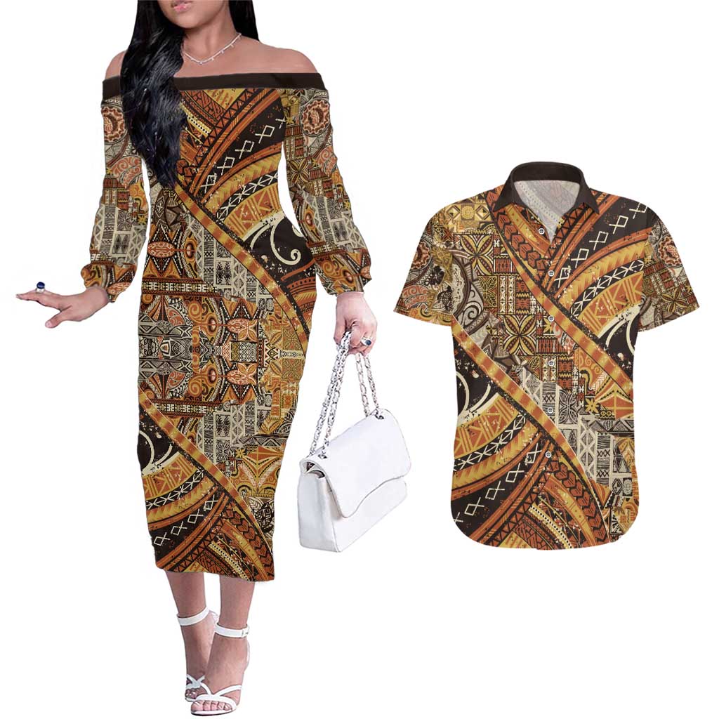 Hawaiian Style Tapa Couples Matching Off The Shoulder Long Sleeve Dress and Hawaiian Shirt Vintage Seamless Pattern - Polynesian Pride