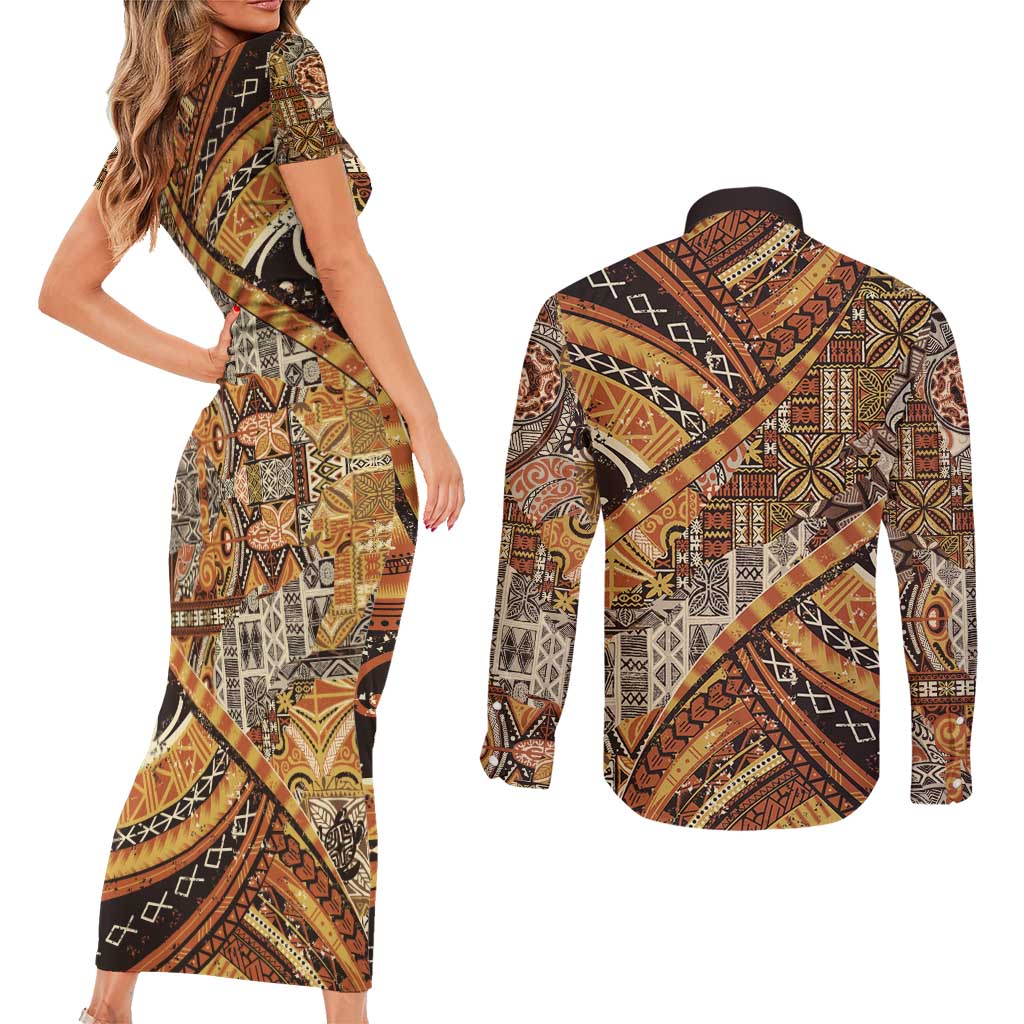 Hawaiian Style Tapa Couples Matching Short Sleeve Bodycon Dress and Long Sleeve Button Shirt Vintage Seamless Pattern - Polynesian Pride