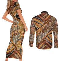 Hawaiian Style Tapa Couples Matching Short Sleeve Bodycon Dress and Long Sleeve Button Shirt Vintage Seamless Pattern - Polynesian Pride