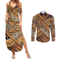 Hawaiian Style Tapa Couples Matching Summer Maxi Dress and Long Sleeve Button Shirt Vintage Seamless Pattern - Polynesian Pride