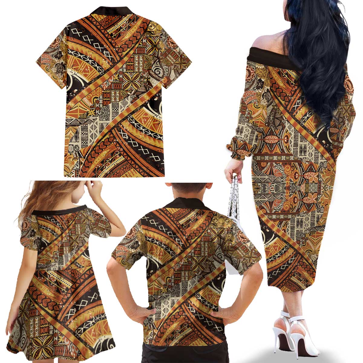 Hawaiian Style Tapa Family Matching Off The Shoulder Long Sleeve Dress and Hawaiian Shirt Vintage Seamless Pattern LT9 - Polynesian Pride