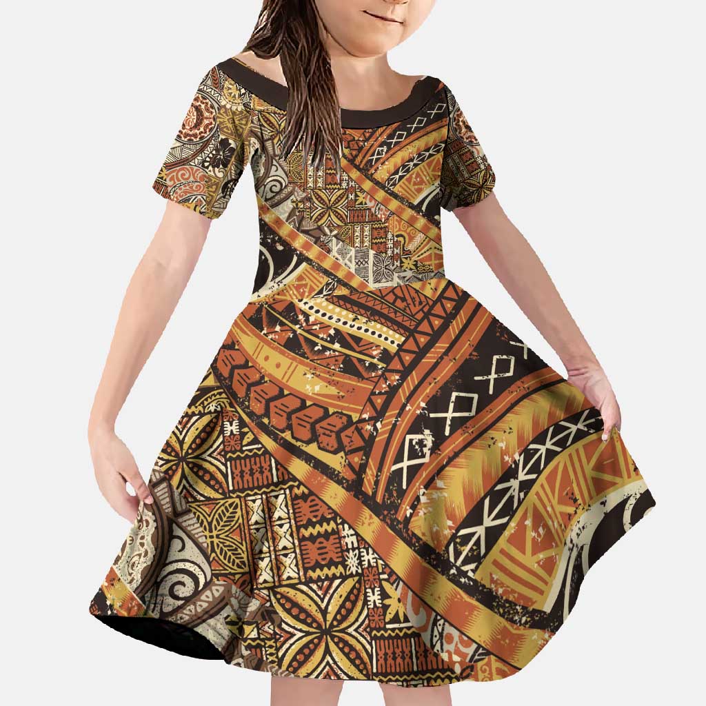 Hawaiian Style Tapa Family Matching Off Shoulder Maxi Dress and Hawaiian Shirt Vintage Seamless Pattern LT9 Daughter's Dress Red - Polynesian Pride